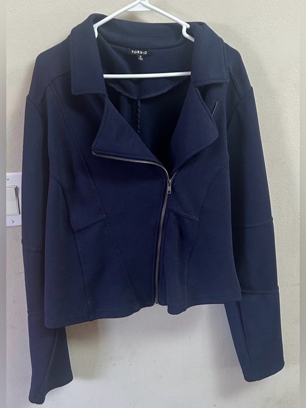 torrid navy asymmetrical zip moto blazer